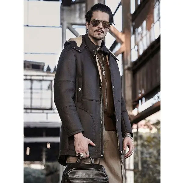 Men’s Hooded Shearling Leather Long Trench Coat
