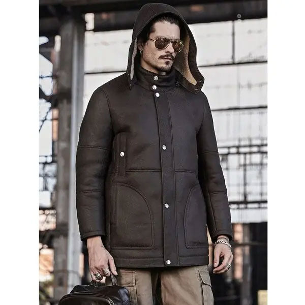 Men’s Hooded Shearling Leather Long Trench Coat