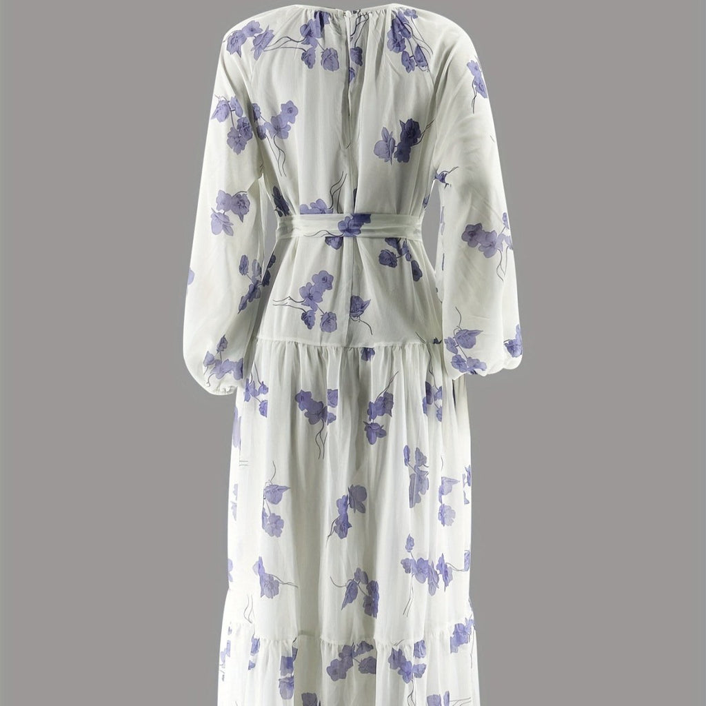Watercolor Floral Maxi Dress | Long Sleeve Belted Tiered Dress(MS273)