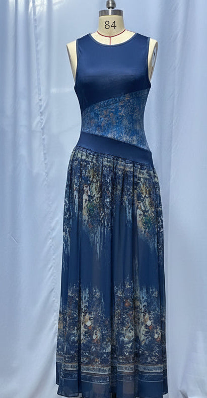 Women's Navy Blue Artistic Print Sleeveless Fitted Bodice Swing Maxi Dress