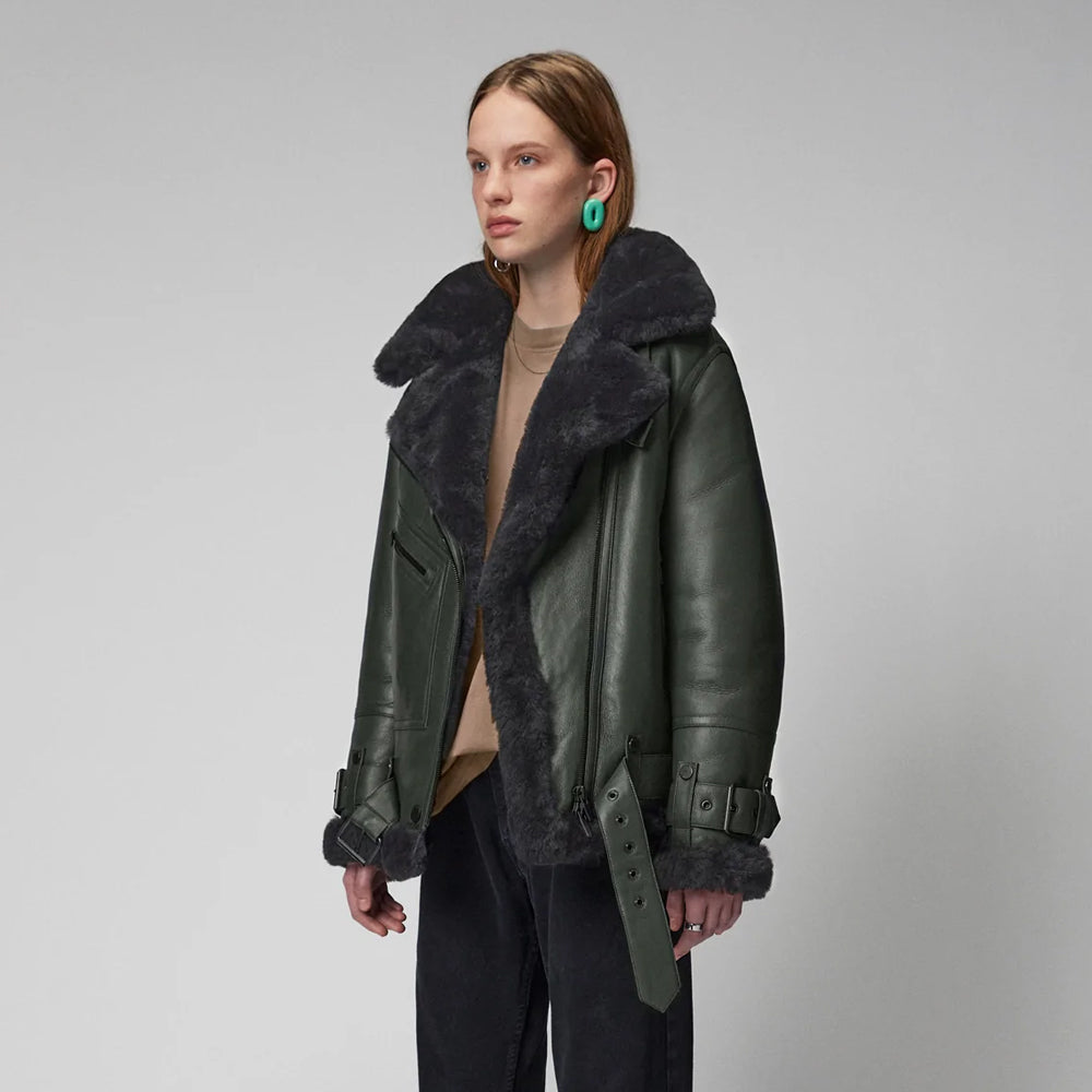 Women’s Green RAF Aviator Styled Shearling Leather Jacket