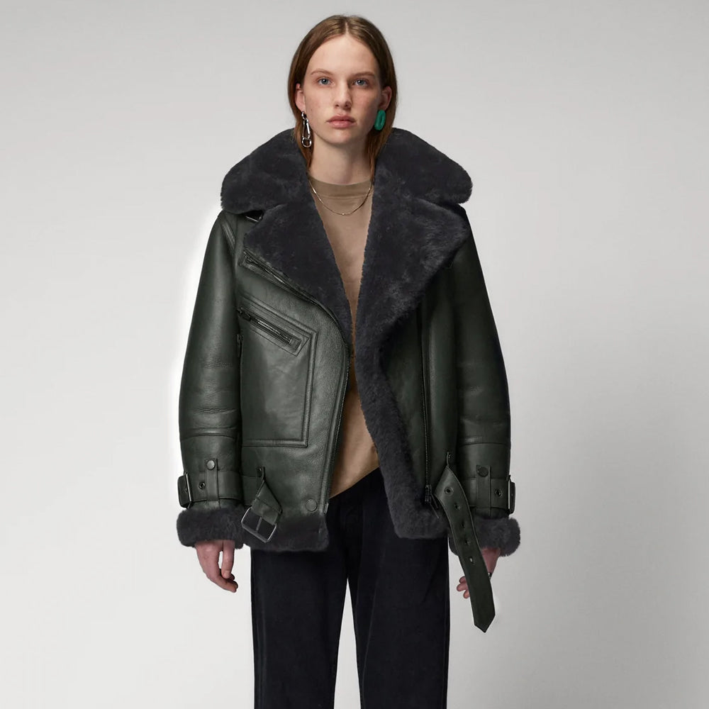 Women’s Green RAF Aviator Styled Shearling Leather Jacket